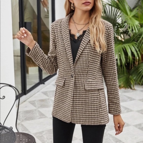Khaki Tan Tweed houndstooth blazer jacket classic Work - Picture 8 of 9